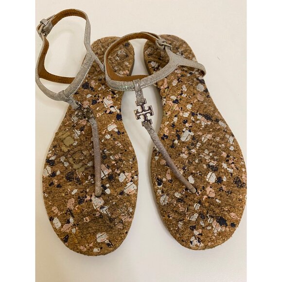 TORY BURCH‎ Marion Confetti Quilted T-Strap Sandals Women 6M Silver Logo Shoes - Picture 3 of 15